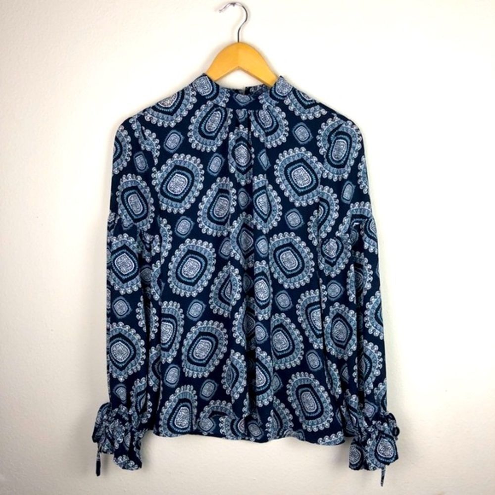 LOFT Paisley Print Drawstring Puff Sleeve Blouse Size S